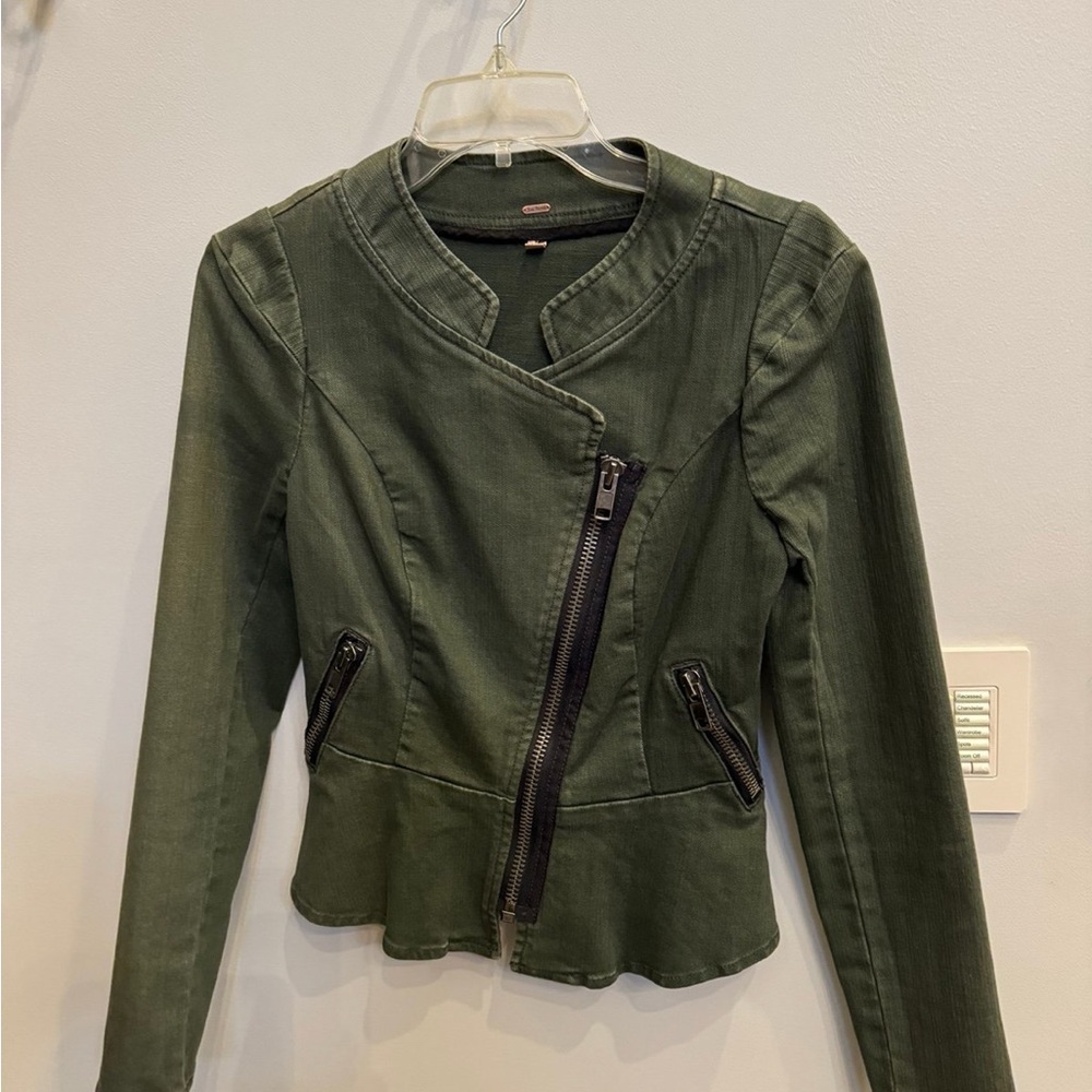 Free People Olive Utility Jacket with Asymmetrical Zip